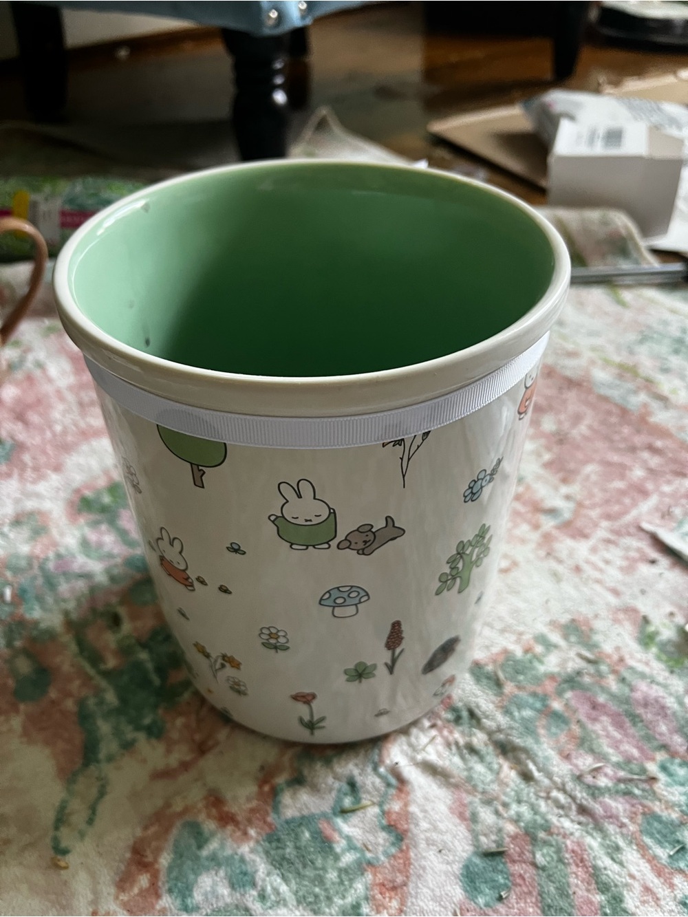 miffy Green and White Ceramic cache pot / planter/ utensil holder